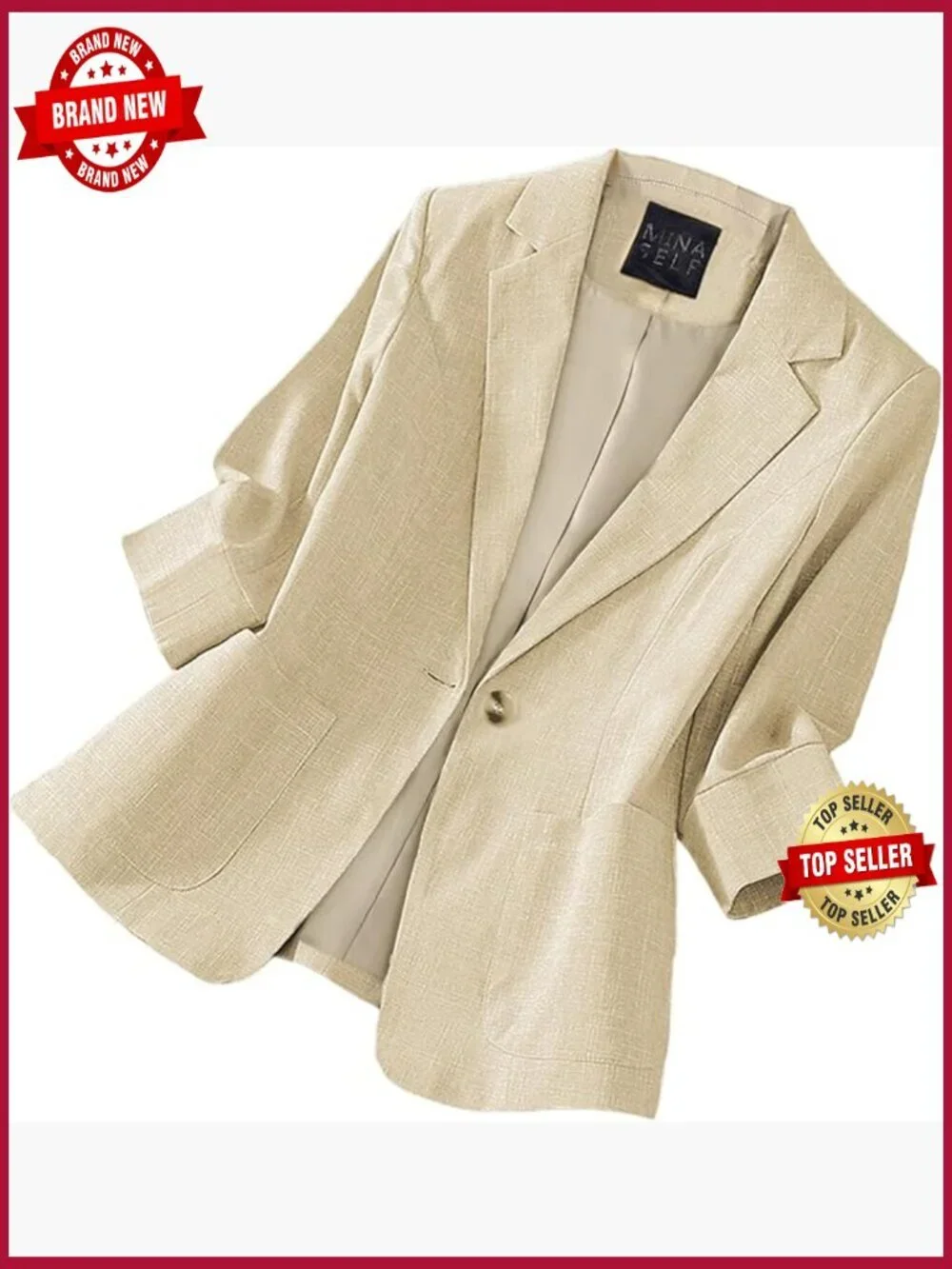 Lightweight Linen Blazer 3/4 Sleeve - Button Front Office Jacket with Pockets
